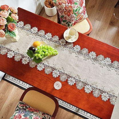 European Style Linen Runner Table with Lace Trim for Home Tables, Rectangular Shape, Suitable for Dining Room and Decoration (40 x 80 cm)