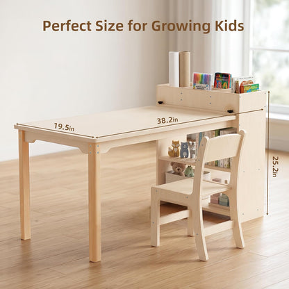 Kids Table and Chair Set, Wooden Toddler Activity Table with Storage Cabinet, Birch Art Desk for Drawing, Crafts, Reading and Games, 1 Chair Included