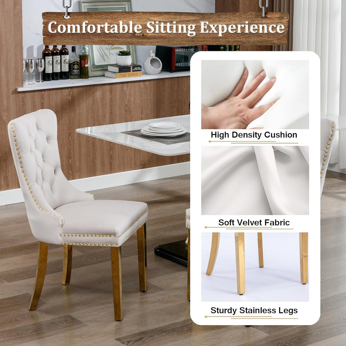 Round Glass Dining Room Table Set for 6, 7-Piece Dining Table Set with 47.2" Circle Gold Glass Dinner Table & 6 Beige Velvet Tufted Chairs, Modern Kitchen Table Set for Apartment Home Office