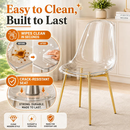 JUFU Acrylic Dining Chairs Set of 6, Modern Clear Chairs with Transparent Seat, Ergonomic Acrylic Side Chairs with Gold Metal Legs for Dining Room, Kitchen, Living Room