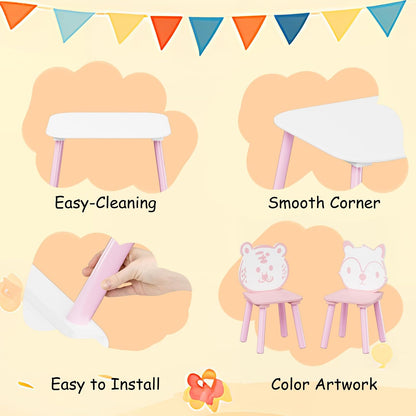 Kids Table and Chair Set 3-Piece Wooden Toddler Desk with Animal Backrest Pink and White Activity Table for Drawing Learning Playroom or Nursery