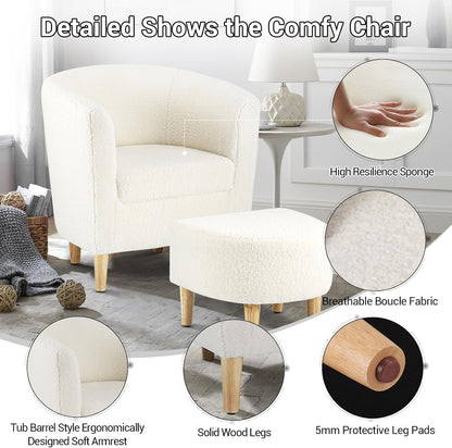 DAZONE Sherpa Accent Chair with Ottoman White Fluffy Teddy Barrel Armchair | Small Side Chair for Living Room, Bedroom, Reading Corner, Footrest, Boucle Corner Armchair, Solid Wood Legs, Soft Cushion