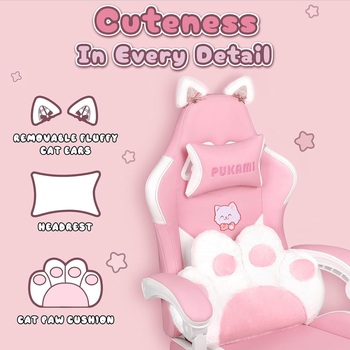 PUKAMI Pink Gaming Chair Cute with Cat Ears and Cat Paw Lumbar Cushion, Ergonomic Computer Chair for Girl with Footrest and Headrest, Comfortable Reclining PC Game Chair for Adult, Teen (Pink)