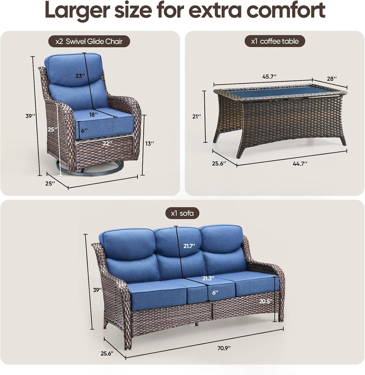 Swivel Patio Chairs sofa Set of 4 with 6" Thick Cushion - Wicker Outdoor Swivel Rocker Patio Chair ,Sofa/Glass coffee table, High Back Comfortable Outdoor Glider Chairs - Brown Wicker | Blue Cushions