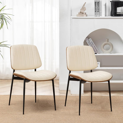 LUNLING Dining Room Chairs Mid Century Modern Retro Beige Faux Leather Chair with Walnut Bentwood Upholstered Seat Metal Legs Kitchen Chairs Adjustable Foot for Kitchen Dining Room,1PCS