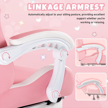 Pink Gaming Chair with Cat Ears & Footrest, Ergonomic Gaming Computer Desk Chair with Cat Paw Lumbar Support & Linked Armrests - Cute PU Leather Game Chair for Girls Adults