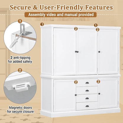 73" Freestanding Kitchen Pantry Organizer - Wooden Storage Unit with 4 Shelved Compartments, 4 Storage Bins & 8 Adjustable Shelves for Dining Room Kitchen Organization (White19)