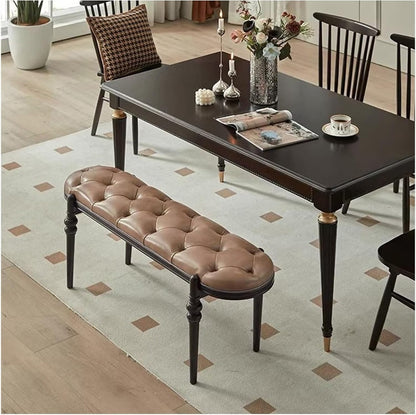 Modern Upholstered Bedroom Benches with Black Legs Genuine Leather Bench for Entryway Dining Room Living End of Bed, Yellowish Brown Entryway