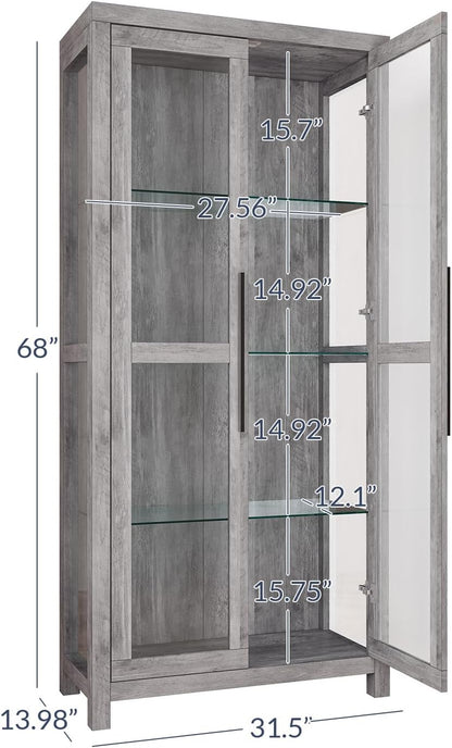 BELLEZE Glass Display Cabinet, Tall Curio Cabinet with Tempered Glass Doors for Living Room, Trophy Display Case - Avalon (Gray Wash)