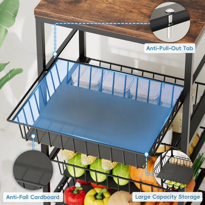 Fruit Vegetable Cart, 4-Tier Snack & Kitchen Cart on Wheels with Storage, Pull-Out Baskets & Wood Top, Rolling Organizer for Pantry, Living Room (Brown)