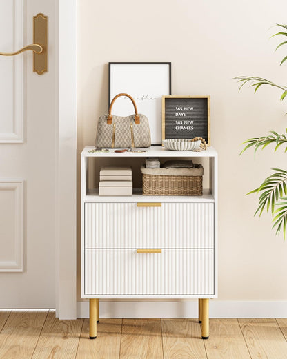 Night Stand,25.7" H Bedside Table with 2-Drawer Shelf,Morden Nightstand with Gold Frame,Fluted Side Table with Gold Frame,End Table for Bedroom,Living Room