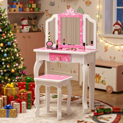 JOYMOR Kids Vanity Set, Wooden Princess Makeup Table with Stool, Tri-Folding Mirror, Large Drawer, Solid Wooden Legs, Beauty Make Up Dressing Set for Girls Best Gift (Pink)