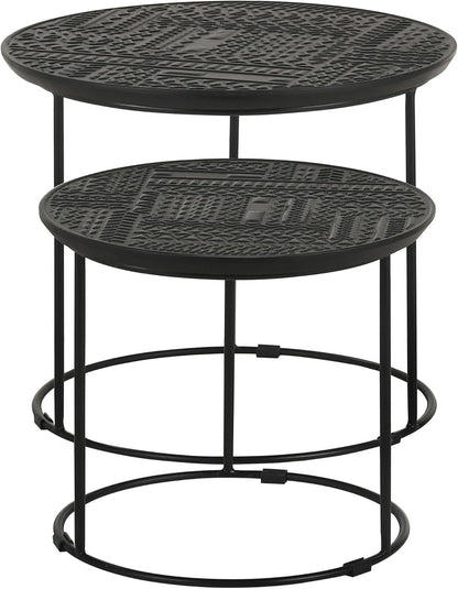 20" Sturdy Metal Frame Nesting Coffee Table, Boo Coffee Table with Embossed Tribal Pattern, Nesting Side Tables with Mango Wood top for Modern Indoor Spaces, Black