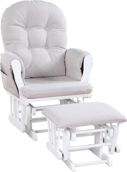 Glider and Ottoman White Wood and Woven Gray Fabric