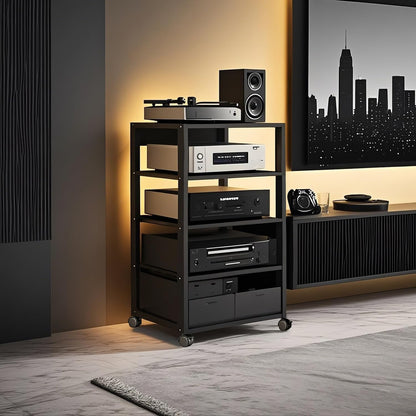 5 Tier AV Media Stand, Audio Rack Tower Stereo Components Cabinet | Home Theatre CD Record Player Stereo Receiver Equipment Rack with Adjustable Wood Shelves, Load 220lbs (Black)
