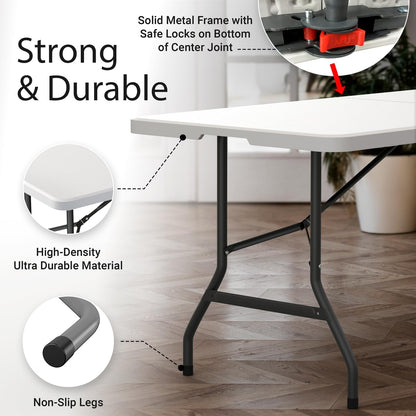 2 PACK of 6 Feet Foldable Table with Built in Handle & Steel Legs | 6FT Heavy Duty Folding Portable | Perfect for Party, Dining, Wedding, Events, Picnic Indoor, Outdoor, Camping, Folding - 6 Foot