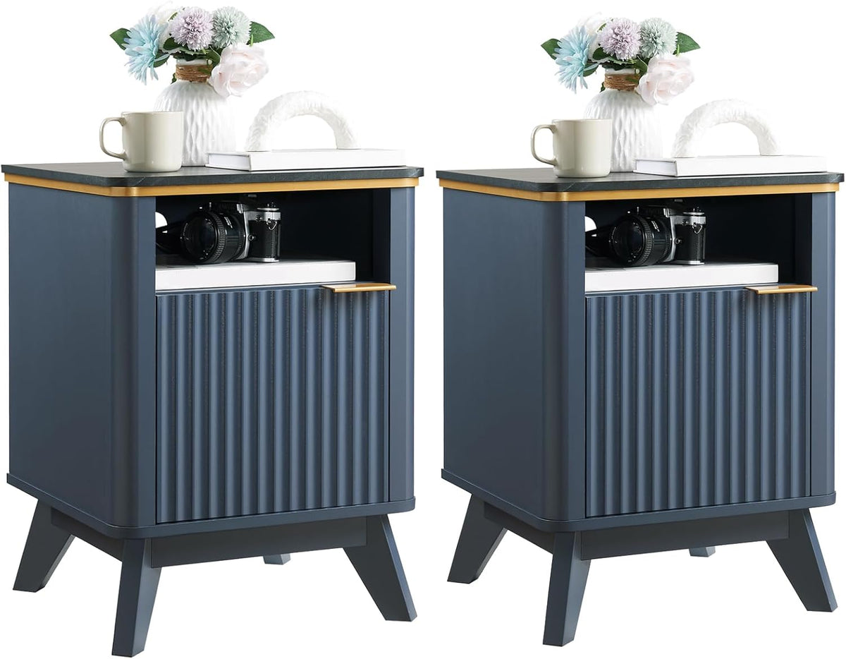 QUW Fluted Nightstands Set of 2 with Charging Station, 18" Modern Side Table, Wooden Bedside Table with Faux Marble Top, Open Storage, Cabinet, End Table for Bedroom, Living Room, Navy Blue