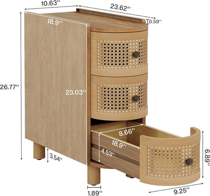 Tribesigns Solid Wood End Table, 3-Drawer Rattan Side Table, Night Stand with 3 Rattan Drawers and Embossed Handles for Living Room, No Assembly Required (1, Oak)