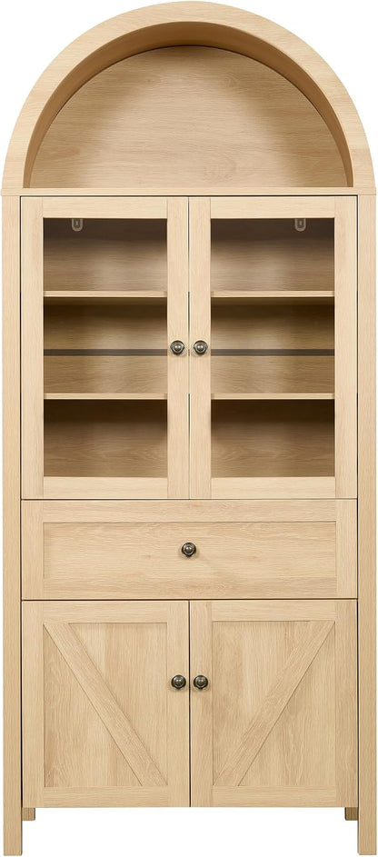 GDFStudio 71'' Arched Kitchen Pantry Cabinet, Wooden Pantry Cabinets for Kitchen Storage, Kitchen Storage Furniture with Adjustable Shelves, Multi-Functional Bookcase for Living Room, Oak
