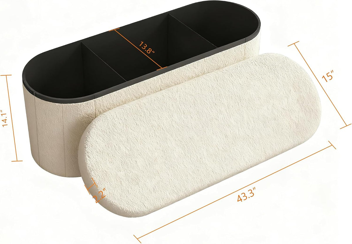 GLAXYFUR Oval Ottoman with Storage for Living Room, Sherpa Bench, Beige | 43.3 Inches Folding Chest, Foot Rest, End of Bed Bench for Bedroom, Hallway