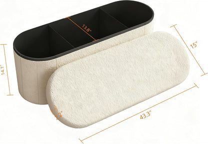 GLAXYFUR Oval Ottoman with Storage for Living Room, Sherpa Bench, Beige | 43.3 Inches Folding Chest, Foot Rest, End of Bed Bench for Bedroom, Hallway