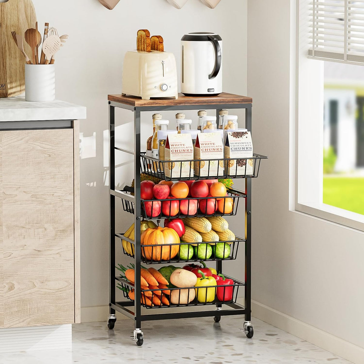 Fruit Vegetable Cart, 4-Tier Snack & Kitchen Cart on Wheels with Storage, Pull-Out Baskets & Wood Top, Rolling Organizer for Pantry, Living Room (Brown)
