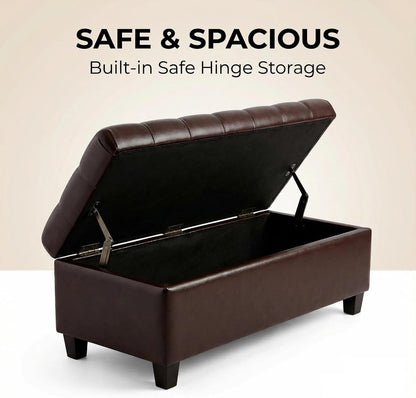 Leather Storage Bench for Living Room, End of Bed Bench with Storage, Large Upholstered Ottoman Benches Entryway Bench with Button-Tufted Shoe Cabinet Ottoman for Dining Room, Hallway, Brown