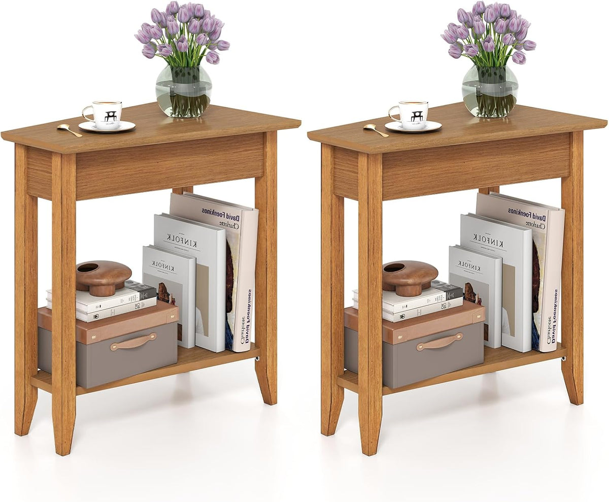 GOFLAME 2-Tier Wedge End Table Set of 2, Narrow Triangle Side Table with Storage Shelf, Solid Wood Legs, Nightstand, Recliner Wedge Table for Living Room, Bedroom, Small Space, Rustic Walnut