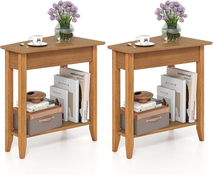 GOFLAME 2-Tier Wedge End Table Set of 2, Narrow Triangle Side Table with Storage Shelf, Solid Wood Legs, Nightstand, Recliner Wedge Table for Living Room, Bedroom, Small Space, Rustic Walnut