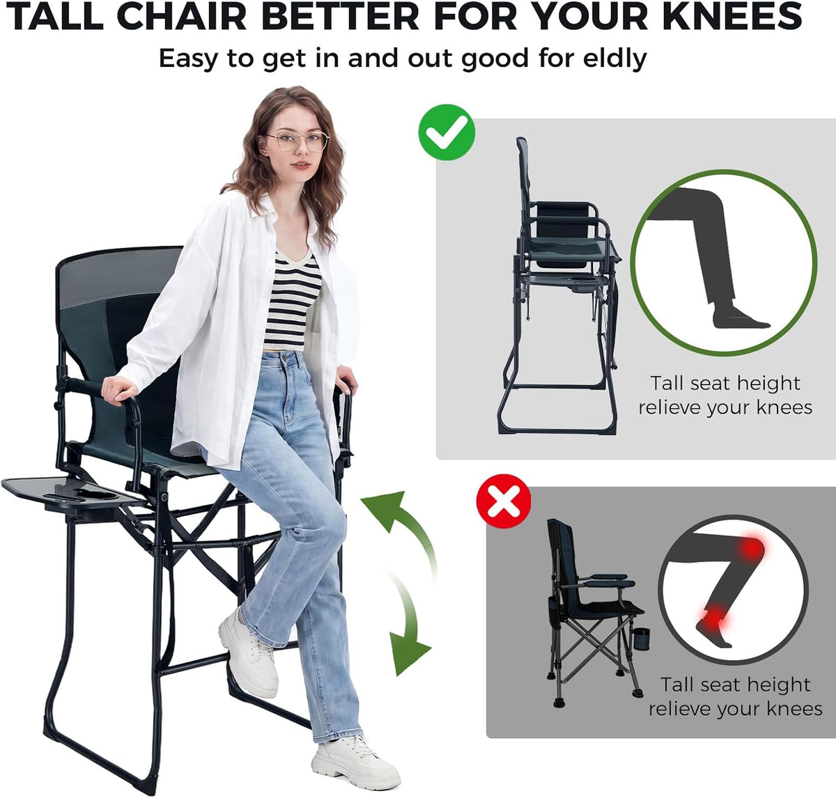 EVER ADVANCED Portable 30.7" Seat Height Tall Folding Camping Chair Directors Chair High Foldable Bar Stool with Side Table for Makeup Artist, Sports Event, Craft Show, Supports 350LBS