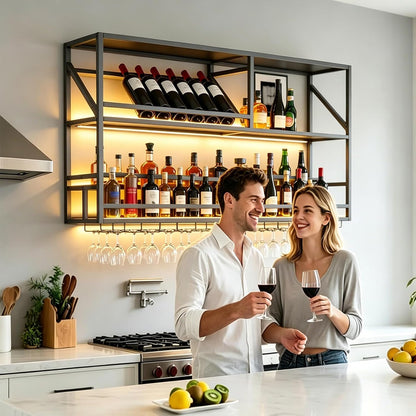 Metal Wall Mounted Liquor Shelf with LED, 31.5in Black (31.5in/80cm) | Floating shelf w/wine glass rack, 45° adjustable step display rack (L-R), for Kitchen/Bar/Cafe/Shop