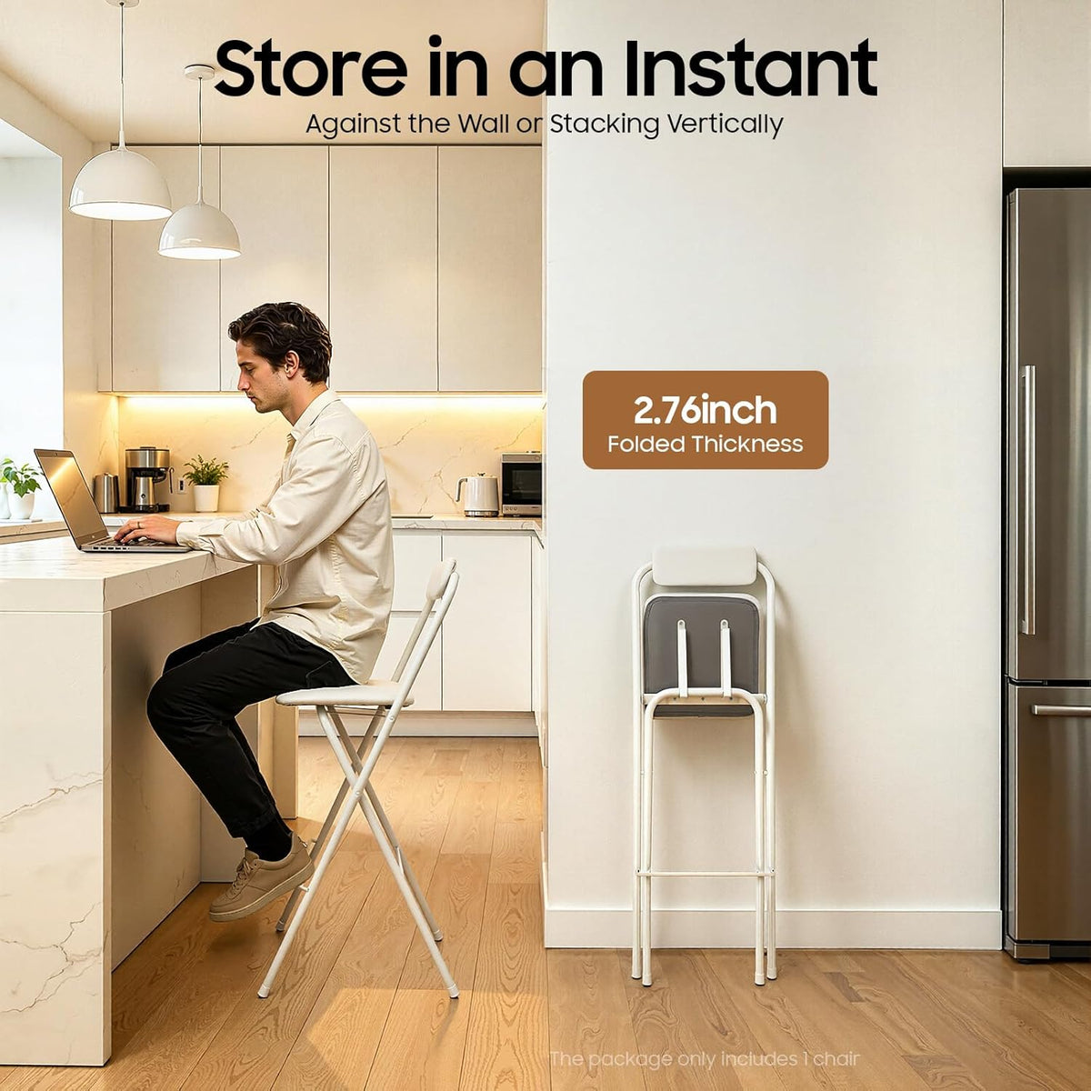 DYRABREST Folding Chair with Backrest, Tall Collapsible Stool, Steel Folding Bar Stool, Counter Height Seat with Leather Padded for Kitchen Island Shop Cafe Dining Room (1, White, 29.5 Inch)