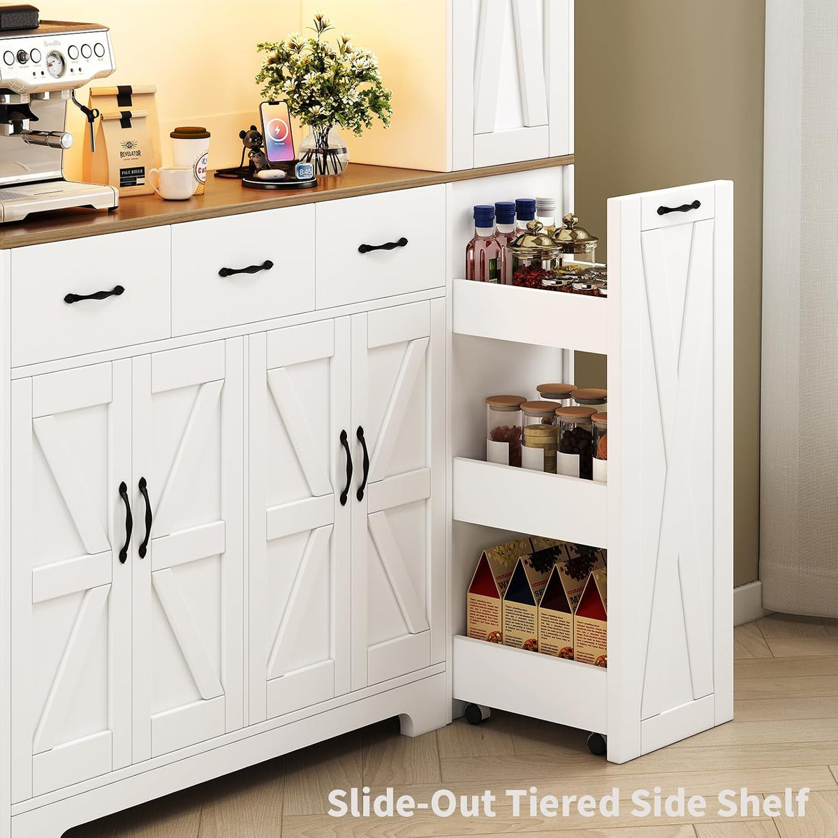 70.9" Tall Farmhouse Pantry Cabinet with Pull-Out Storage Cart & LED Lights, Modern Kitchen Storage Hutch with Charging Station, 9 Doors 3 Drawers Adjustable Shelves for Dining Living Room, White