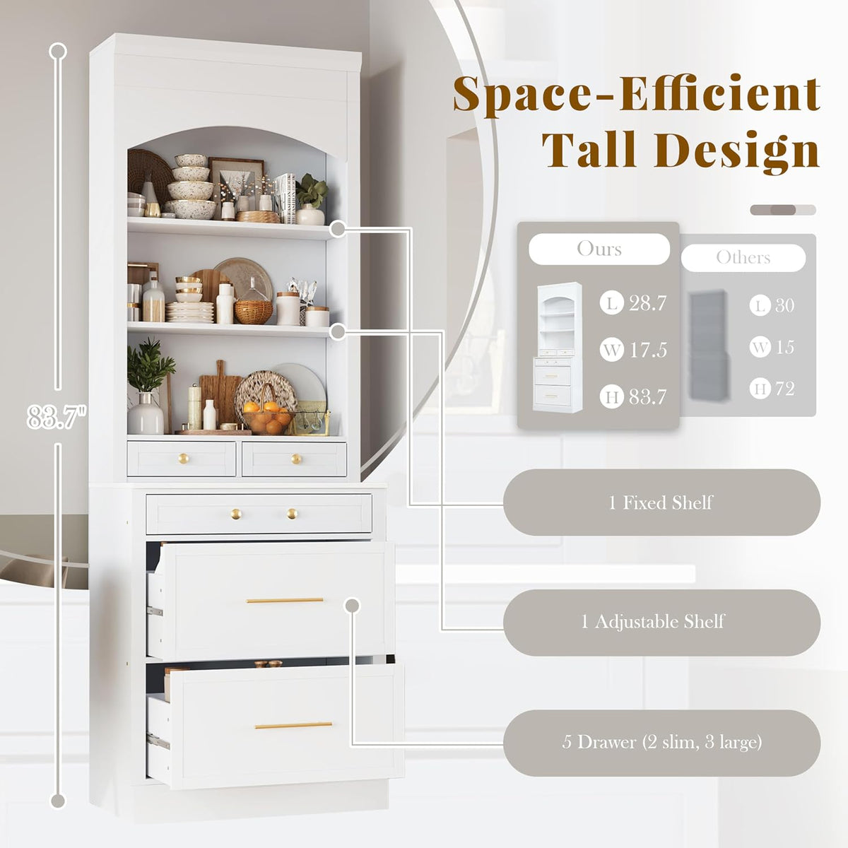 83.7" Tall Kitchen Pantry, Modern Storage Cabinet with 5 Drawers 1 Adjustable Shelf, Freestanding Kitchen Hutch with Faux Marble Top (White,1)