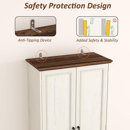 Function Home Farmhouse Kitchen Pantry Cabinet, 72" Tall Storage Cabinet with Doors and Adjustable Shelves, 6 Tier Freestanding Cupboard for Dining Room Living Room Bathroom, Antique White & Brown Top