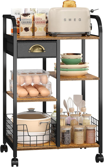 keomaisyto Microwave Cart with Storage, Kitchen Island Cart with Table Top & Drawer, 3 Tier Rolling Utility Cart with Adjustable 2 Storage Shelves, Coffee Bar Shelf for Kitchen/Dining/Living Room