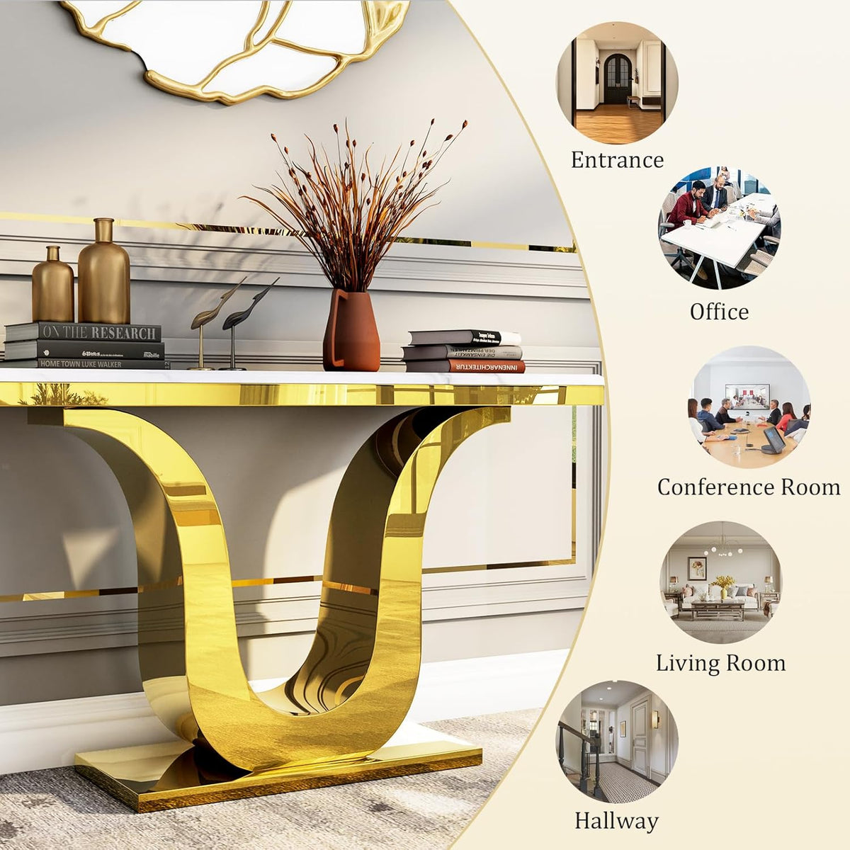 Gold Console Table, White and Gold Living Room Sofa Table, 50" Rectangle Console Table for Entryway, Living Room, Office, Foyer, Front Hall, Hallway