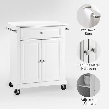 Crosley Furniture Compact Stone Top Small Rolling Cart with Shelves, Microwave Stand with Towel Rack, White