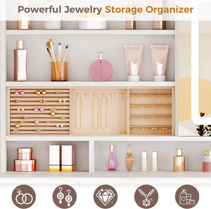 ANWBROAD Large Vanity Desk with Sliding Mirror and Lights& Jewelry Storage | White Makeup Vanity Desk with 11 Drawers,6 Shelves, 3 Color Lights,Dressing Table with Vanity stool, Power Outlet for Women