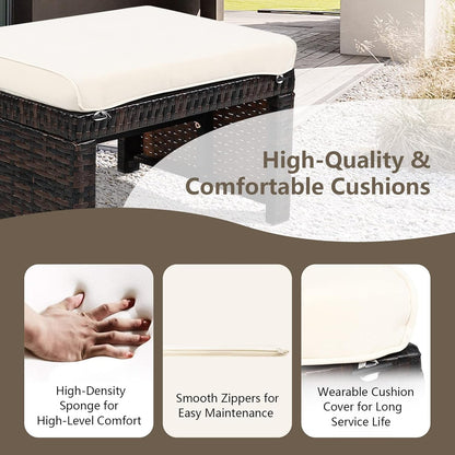 2-Piece Wicker Ottomans, Outdoor Rattan Foot Rest Set of 2 w/Removable Cushions, Multipurpose Foot Stool, Side Table & Additional Seating for Patio, Backyard & Poolside (Off White)