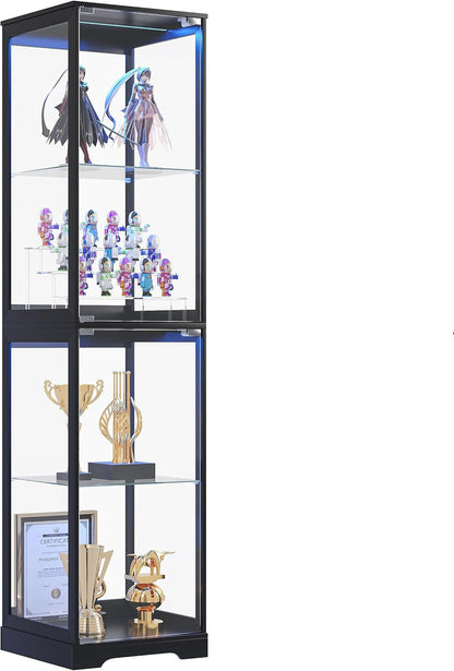 Glass Display Cabinet with Doors, 65" Tall 4-Tier Curio Display Case with 3 Color Lights and Human Body Sensor, Bookcase for Collectibles, Black