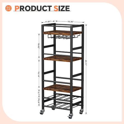 Homeiju Small Bar Cart with 5-Tier Shelf, Mobile Kitchen Shelf with Wine Rack and Glass Holder, Mini Bar Cart for Small Spaces, Rustic Brown