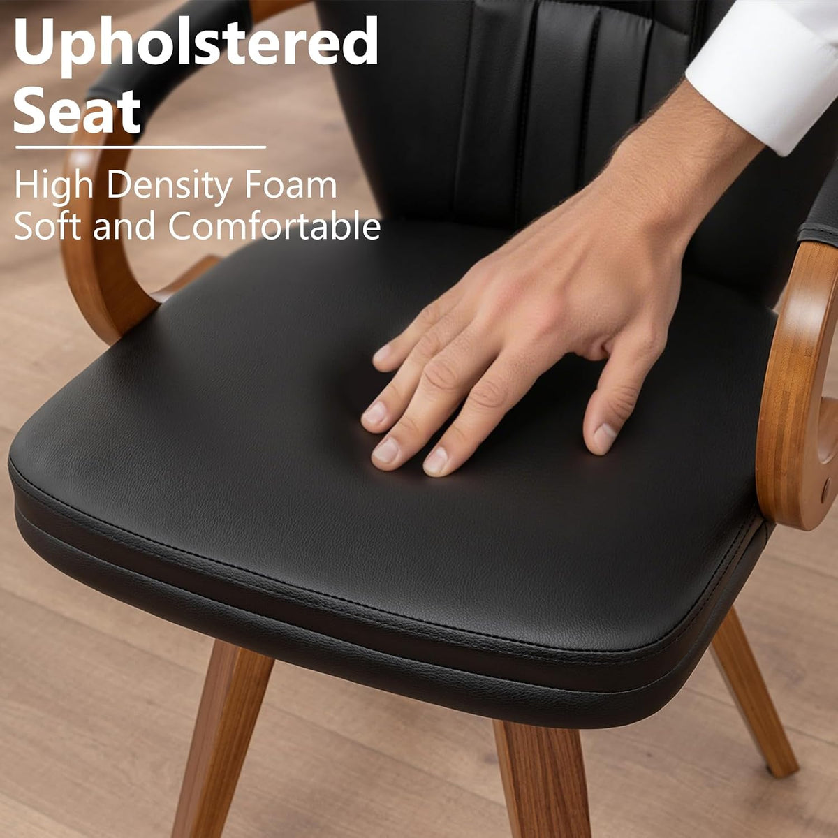 Swivel Dining Chairs Set of 4 Mid Century Modern Black Faux Leather Upholstered Kitchen Chairs with Bentwood Frame Armrests Side Chairs,Comfortable Ergonomic Wood Accent Chair No Wheels