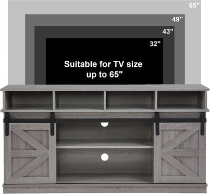 TV Stand Sliding Barn Door Modern&Farmhouse Wood Entertainment Center, Storage Cabinet Table Living Room with Adjustable Shelves for TVs Up to 65" (Gray, Farmhouse with Open Shelf)