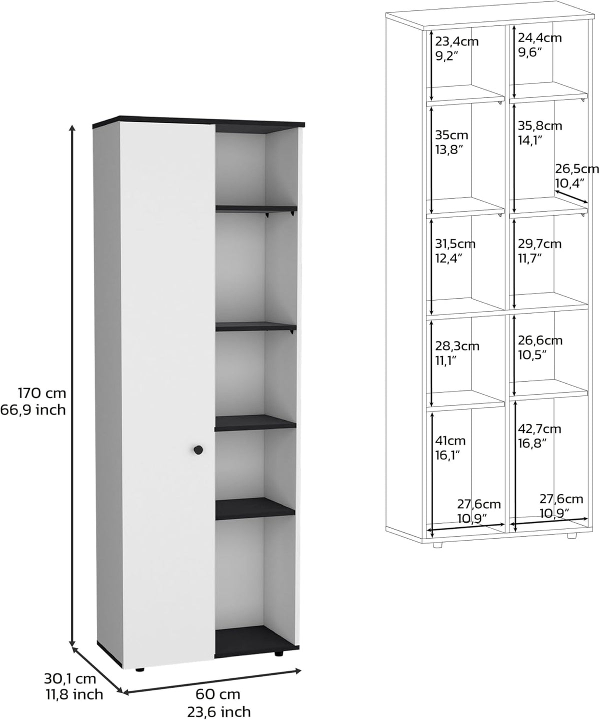 Compact 67" Kitchen Storage Cabinet, 10 Shelves, White & Black, Pantry Organizer