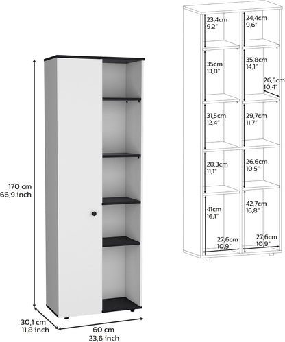 67" H Kitchen Storage Cabinet with One Door, Five Interior Shelves and Five Exterior Shelves,White/Black
