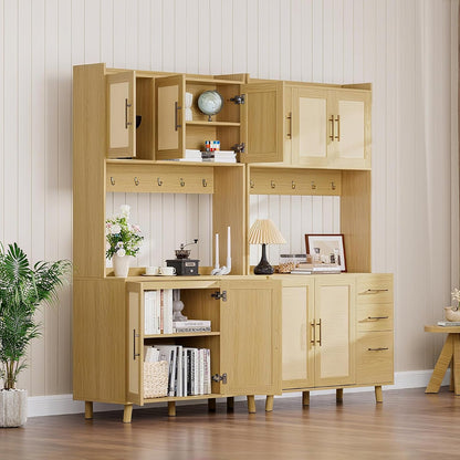 71" Tall Kitchen Pantry Cabinet, Freestanding Rattan Hutch with Microwave Stand, 3 Drawers & 6 Hooks, Kitchen Pantry Cabinet for Dining Room & Kitchen Organization