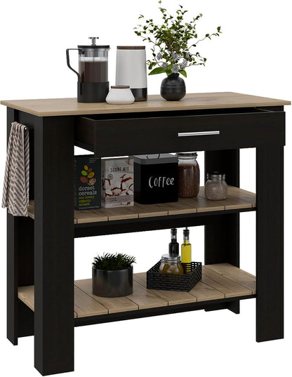 Kitchen Island with Two Shelves, One Drawer, Four Legs, Towel Hanger, Black | Combines two open shelves, one drawer, and towel hanger for storage