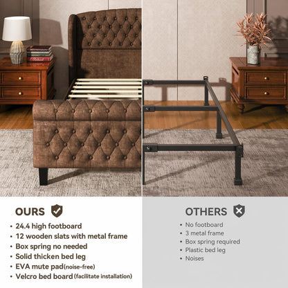 BedsPick Sleigh Queen Bed Frame with Wingback Headboard, Chenille Upholstered Bed Frame Queen Size with Button Tufted Scroll Footboard, Wood Slats Support/No Noise/Easy Assembly/No Box Spring Needed