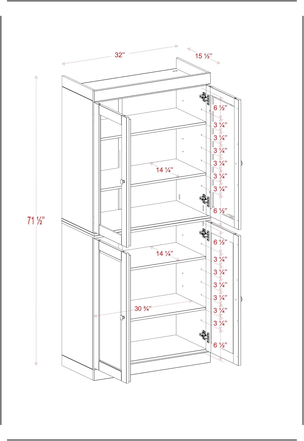 Palace Imports Solid Wood Tall Pantry Cabinet – 71.5" H x 32" W – Black Wooden Storage Cabinet for Kitchen with Clear Glass/Shaker Doors, 2 Drawers & 4 Adjustable Shelves, 100% Eco-Friendly Wood